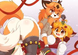 2girls anthro ass big_breasts blush blush_lines breasts christmas cowgirl_position dominant_female fat_ass female female_only fluffy_ears fluffy_tail fox fox_girl furry girl_on_bottom girl_on_girl jasminthemanticore lisa_(jasminthemanticore) looking_at_viewer mistletoe nervous smile submissive_female tagme tail