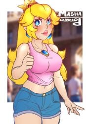 1girls bangs blonde_female blonde_hair blonde_hair_female blue_eyes blush breasts crown cute female female_only jewelry lips lipstick long_hair mario_(series) mashapotato midriff navel pink_tank_top princess_peach puffy_lips shirt short_shorts shorts solo standing tank_top tummy