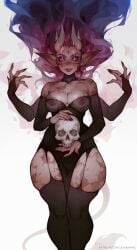 1girls 4_arms absurd_res areolae black_thighhighs breasts breasts_visible_through_clothing demon demon_girl demon_horns dress female female_only garter_straps gauntlets gift_art holding_skull horns long_hair looking_at_viewer nipples pink_eyes pointy_ears sasha_khmel see-through_clothing sharp_fingernails skull smiling smiling_at_viewer solo thick_thighs thighhighs