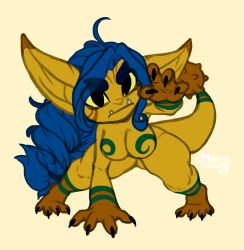 big_ass big_breasts big_ears big_hands big_thighs black_eyes blue_hair breasts breasts brown_skin brows eyebrows_visible_through_hair eyes_visible_through_hair face_markings fangs goblin goblin_female long_hair markings mashapotato ponytail sharp_claws sharp_fingernails sharp_nails sharp_teeth sharp_toenails spiked_tail tail tail_markings tattoo tattoo_on_chest tattoo_on_legs tattooed_arm tattoos thick_ass thick_legs thick_thighs tied_hair tusks wild_hair yellow_sclera yellow_skin