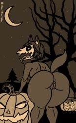 absurd_res all_fours anthro anus artist_name ass big_butt black_body black_eyebrows black_fur black_hair bone canid canine chipsgm ears_up eyebrows feet female fur genitals glistening glistening_body grey_background hair halloween hi_res inviting jack-o'-lantern looking_at_viewer looking_back mal0 malo mammal nude open_mouth pawpads paws presenting presenting_anus presenting_hindquarters pumpkin pussy scp-1471 scp_foundation seductive skull skull_head solo tail teeth toes tongue void_creator watermark