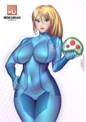 1girls big_breasts bimbo blonde_hair blue_body blue_bodysuit blue_eyes bokuman breasts busty female female_only interview large_breasts latex long_hair long_hair_female looking_at_viewer metroid nintendo nintendo_switch ponytail rubber_suit samus_aran scantily_clad solo uncensored video_game video_game_character video_games white_background zero_suit zero_suit_samus