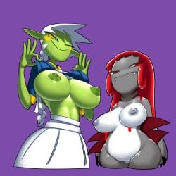 2girls big_breasts gogo_(minus8) green_skin grey_skin leech_(minus8) minus8 multiple_girls oc original original_character original_characters