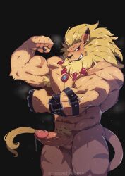 5_fingers abs anthro balls bandai_namco biceps biped blonde_hair blue_eyes blush bodily_fluids digimon digimon_(species) ear_piercing erection felid fingers fist flexing foreskin fur genital_fluids genitals grin hair hi_res humanoid_genitalia humanoid_penis jewelry kemono leomon looking_at_viewer male male_only mammal mane muscular muscular_anthro muscular_male necklace nude pantherine partially_retracted_foreskin pecs penis piercing pose precum pubes pupils slit_pupils smile solo tan_body tan_fur tan_skin tiggon_the_great vein