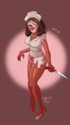 1girls big_breasts blood breasts brown_hair cosplay eyewear female female_only full_body hair halloween halloween_costume hat headwear holding_knife knees_together_feet_apart knife legs mature mature_female mature_woman milf mother nurse nurse_(silent_hill)_(cosplay) nurse_cap nurse_uniform priyanka_maheswaran short_hair silent_hill solo solo_female steven_universe thighs tullymonst3r