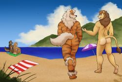 anthro arcanine ass beach canid canine canis casual_nudity domestic_dog duo felid generation_1_pokemon lion male male/male mammal mr._henderson nd nintendo nude nude_beach pantherine pickles-hyena pokemon pokemon_(species) sea seaside walking water