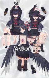 3girls absurdres bar_censor bed_sheet beret black_footwear black_gloves black_hair black_headwear black_sailor_collar black_serafuku black_socks black_wings blue_archive blush censored chuck_(harfmoondark) closed_mouth feathered_wings futanari gloves grey_eyes hair_over_eyes halo hat highres ichika_(blue_archive) justice_task_force_(blue_archive) justice_task_force_member_(blue_archive) kneehighs long_hair long_sleeves low_wings multiple_girls navel neckerchief open_mouth paid_reward_available penis red_eyes red_halo red_neckerchief sailor_collar school_uniform serafuku shoes smile socks trinity_general_school_logo_(blue_archive) trinity_general_school_student unworn_shoes wings