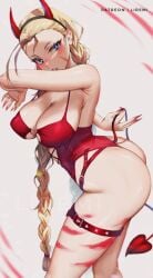 ass blonde_hair blush breasts cammy_white fake_horns female heart_tail liremi red_horns red_lingerie red_tail street_fighter succubus_costume