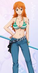 1girls arm_tattoo bangle bare_shoulders bikini_top_only bracelet breasts character_name cleavage collarbone contrapposto denim earrings female female_focus female_only fukuro_ooji hand_on_own_hip highres holster jeans jewelry large_breasts log_pose long_hair looking_at_viewer matching_hair/eyes midriff nami navel one_piece orange_eyes orange_hair pants post-timeskip sabaody_archipelago shiny_skin smile solo staff standing strap_gap swimsuit tattoo zoom_layer