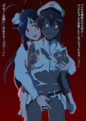 1boy 1girls ayaka_(artist) bambietta_basterbine bleach bleach:_the_thousand-year_blood_war blue_hair blush breast_grab breasts dark-skinned_female dark_skin fingering_partner fingering_pussy giselle_gewelle long_hair masturbating_other nipple quincy quincy_(bleach) saliva sternritter trap zombie zombie_girl