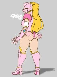 1girls armor armored_boots armored_female armored_gloves ass blonde_hair female female_only full_body greaves grey_background heel_boots heeled_boots helmet high_heel_boots high_heels knee_boots long_hair long_ponytail looking_back_at_viewer mario_(series) mashapotato pink_clothing ponytail princess_peach puffy_sleeves short_sleeves simple_background sleeves solo standing thick_ass thick_thighs tied_hair