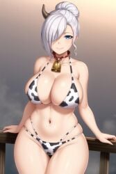 1girls ai_generated bell bell_collar big_breasts bikini blue_eyes bovine breasts cow_bell cow_bikini cow_horns cow_print eyes female female_only huge_breasts large_breasts light-skinned_female light_skin rwby smile smiling thick thick_thighs transformationwitch white_hair winter_schnee