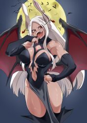 1girls animal_ears armwear big_breasts black_gloves blood breasts bunny_ears cleavage ear_piercing earrings elbow_gloves fangs female female_only gloves hair halloween halloween_costume huge_breasts long_hair miruko my_hero_academia nail_polish nails omanju open_mouth pelvic_curtain red_eyes rumi_usagiyama solo solo_female thighs tongue tongue_out vampire vampire_costume vampire_girl white_hair wings