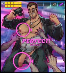 1boy 2023 balls bara bara_tits barazoku big_penis capcom clothing dead_rising erection frank_west gay hi_res highres mail_order_superhero male male_focus male_nipples male_only manly muscular_male nipples penis solo solo_male taking_clothes_off yaoi