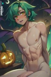 1boy abs absurd_res ai_generated arms bats beige_skin big_penis blush chest collarbone color colored cute darabri detailed detailed_background fairy_geia femboy feminine_male flat_chest girly glowing green_eyes green_hair halloween hands_behind_back hi_res huge_cock logo moon muscular muscular_male navel nipples nude open_mouth otoko_no_ko outline patreon patreon_logo penis pov pumpkin ribs scenery short_hair shoulders sitting slim small_waist solo solo_focus solo_male stomach thick_thighs thighs thin_waist toned topless trap