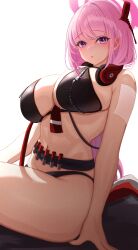 belt blue_archive blush eimi_(blue_archive) firecracker headphones huge_breasts looking_at_viewer millennium_science_school_student ni_tamago_sando sitting super_phenomenon_task_force_(blue_archive) thick_thighs wide_hips zipper