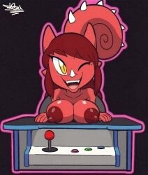 1girls animal_crossing anthro arcade big_breasts breasts chameleon female female_only flick_(animal_crossing) nintendo nipples red_hair red_skin rule_63 solo tansau video_games wink winking_at_viewer yellow_eyes