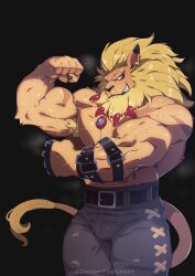 5_fingers anthro bandai_namco belt biceps black_nose blonde_hair blue_eyes bottomwear clothed clothing digimon digimon_(species) ear_piercing felid fingers fist flexing fur grin hair hi_res jewelry kemono leomon male male_only mammal mane melee_weapon muscular muscular_anthro muscular_male necklace pantherine pants pecs piercing pose pupils slit_pupils smile solo sword tan_body tan_fur teeth tiggon_the_great topless vein weapon