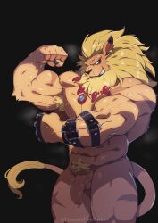 5_fingers abs anthro balls bandai_namco biceps biped blonde_hair blue_eyes blush bodily_fluids digimon digimon_(species) ear_piercing felid fingers fist flexing foreskin fur genitals grin hair hi_res humanoid_genitalia humanoid_penis jewelry kemono leomon looking_at_viewer male male_only mammal mane muscular muscular_anthro muscular_male necklace nude pantherine pecs penis piercing pose pubes pupils slit_pupils smile solo tan_body tan_fur tan_skin tiggon_the_great vein