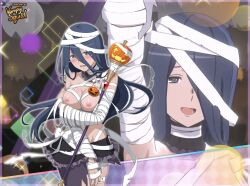 big_breasts big_breasts blue_hair breasts cassandra_ilion dungeon_ni_deai_wo_motomeru_no_wa_machigatteiru_darou_ka edit edited embarrassed halloween heart-shaped_pupils long_hair mummy mummy_costume mummy_girl mummy_wrappings nude_filter official_art official_artwork_edit vampy_squid