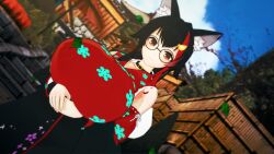 1girls 3d animal_ear_fluff animal_ears glasses hair_ornament hololive hololive_gamers hololive_japan huge_breasts japanese_architecture japanese_clothes kimono koikatsu looking_at_viewer multicolored_hair ookami_mio shrine_maiden virtual_youtuber vtuber wolf_ears wolf_girl wolf_tail