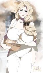 1girls apron baking blonde_hair blue_eyes blurry blurry_background blush bow breasts cleavage cooking female female_only fire_emblem fire_emblem:_three_houses hair_ribbon hairbow highres holding holding_spoon large_breasts light_smile lipstick long_hair looking_at_viewer makeup mature_female mercedes_von_martritz mixing_bowl naked_apron nintendo pale_skin ponytail r3dfive ribbon smile spoon standing thick_thighs thighs voluptuous white_apron