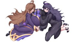 2girls big_breasts blush breast_to_breast breasts brown_hair crossover dress female female_only footwear game_freak hair hair_over_one_eye halloween hand_holding hex_maniac huge_breasts kono_subarashii_sekai_ni_shukufuku_wo! large_breasts litiya long_hair massive_breasts no_text_version pokemon pokemon_xy purple_dress purple_eyes purple_hair textless textless_version thighs white_background wiz_(konosuba) yellow_eyes