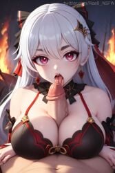 1boy absurd_res absurdres ai_generated bangs bare_shoulders blush bow breasts cleavage earrings fellatio female fire hair_between_eyes hair_ornament hairbow hi_res highres honkai_(series) honkai_impact_3rd jewelry large_breasts licking licking_penis long_hair looking_at_viewer male_pubic_hair multi_tongue navel open_mouth oral paizufella paizuri paizuri_under_clothes penis pov pubic_hair red_eyes ree0 saliva solo_focus straight theresa_apocalypse theresa_apocalypse_(lunar_vow:_crimson_love) thick_eyebrows tongue tongue_out uncensored white_hair