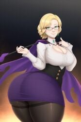 1girls ai_generated ass ass_focus big_ass big_breasts blonde_hair cape cleavage corset eyes female female_focus female_only glasses glynda_goodwitch green_eyes huge_ass large_ass light-skinned_female light_skin looking_at_viewer looking_back miniskirt pantyhose pencil_skirt rwby thick_ass transformationwitch wide_hips