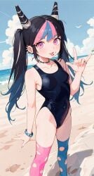 1girls ai_generated asymmetrical_legwear beach birds black_hair black_swimsuit blue_hair blue_legwear blue_sky bracelet breasts chocker cloud clouds collar collarbone colored_legwear danganronpa danganronpa_2:_goodbye_despair day ear_piercing face_piercings female female_focus female_only girl hair_horns hand_sign highleg horizon jewelry kneehighs legwear lip_piercing long_hair long_socks looking_at_viewer metal_collar mioda_ibuki mismatched_legwear multicolored_hair ocean one-piece_swimsuit one_piece_swimsuit piercing pink_eyes pink_hair pink_legwear rock rocker simple_bird small_boobs small_breasts solo solo_female solo_focus spike_collar spikes standing swimsuit tall thighhighs tongue tongue_out torn_legwear torn_socks twintails water white_hair