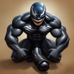 1boy ai_generated balls erect_penis erection foreskin huge_cock long_penis looking_at_viewer male male_only marvel marvel_comics muscles muscular muscular_male navel penis simple_background sitting smile smiling solo symbiote teeth teeth_showing uncircumcised uncut venom venom_(marvel)