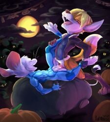 animancer anthro bottomless canid canine clothed clothing costume dipodid eyes female food fox fruit furry halloween hi_res holidays jerboa konami leon luck_(animancer) male mammal metroid moon nintendo penetration plant pumpkin rodent samus_aran sex silent_hill tycloud vaginal_penetration voyeur