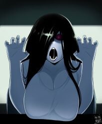 1girls apparition big_breasts black_hair breasts busty coming_out_of_tv dark_hair female ghost ghost_girl hair_over_one_eye halloween huge_breasts large_breasts monster monster_girl one_eye_obstructed open_mouth pale-skinned_female pale_skin ryz_ryz spooky the_ring undead yamamura_sadako