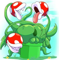 1boy 1male 3_heads anus ass background backsack balls clouds fat_ass feminine_male flowers girly green_anus japansadface lips male_only mario_(series) naughty_face no_eyes no_humans penis pipes piranha_plant plant sharp_teeth sky solo_male thick_ass thick_lips thick_penis tongue tongue_out