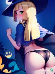 ai_generated ass best_girl black_panties blonde_hair blue_shirt fat_ass green_eyes hair_on_shoulder halloween halloween_costume holidays lillie_(pokemon) looking_at_viewer looking_back nintendo panties pokemon pokemon_trainer shinypiplup smiling smiling_at_viewer solo tiny_panties witch witch_costume witch_hat