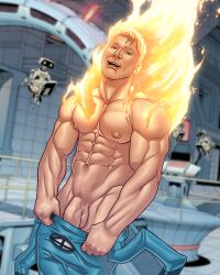 actor big_penis blitzturner bluge celebrity chris_evans fantastic_four huge_cock human_torch in_character johnny_storm male male_only marvel muscles muscular muscular_male penis_peek teasing