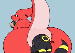 anal anthro anus ass big_ass black_body black_fur blue_background eating eeveelution food fur generation_2_pokemon grey_eyes holding_object male male/male nintendo pokemon pokemon_(species) red_body red_skin rimming simple_background tail umbreon verdantphysician