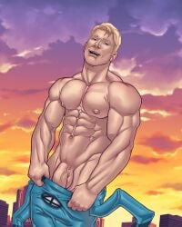 actor big_penis blitzturner bluge celebrity chris_evans fantastic_four huge_cock human_torch in_character johnny_storm male male_only marvel muscles muscular muscular_male penis_peek teasing