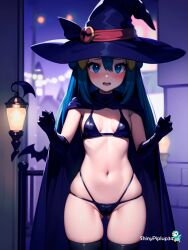 ai_generated blue_eyes blue_hair blushed_face blushing blushing_at_viewer cute dawn_(pokemon) detached_sleeves halloween halloween_costume nintendo perky_breasts pokemon pokemon_trainer shinypiplup small_breasts small_panties surprised_expression tight_pussy witch