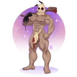 1boy 2023 balls bara bara_tits barazoku big_balls big_penis bulge costume halloween halloween_costume hi_res highres holidays male male_focus male_nipples male_only manly mimikyu muscular_male nipples penis pokemon quuynart solo solo_male