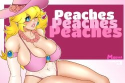 1girls arm_sleeves bangs bikini blonde_female blonde_hair blonde_hair_female blue_eyes blush breasts cleavage cute female female_only flower flowers hat jewelry large_breasts lips lipstick long_hair mario_(series) mashapotato necklace one_eye_closed pink_background pink_bikini princess_peach puffy_lips sitting solo sun_hat super_mario_bros._(2023_film) swimsuit swimwear text thick_thighs tummy