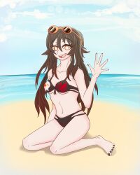 1girls beach bikini bikini_bottom bikini_top black_nail_polish black_nails blue_sky brown_hair dark_hair feet flower_eyes genshin_impact hand_up hoyoverse hu_tao_(genshin_impact) light-skinned_female light_skin long_hair looking_at_viewer nail_polish nails_painted on_knees orange_eyes sand sea seaside sitting sky small_breasts smile smiling smiling_at_viewer sunglasses sunglasses_on_head t_x thick_thighs toenail_polish toenails toes