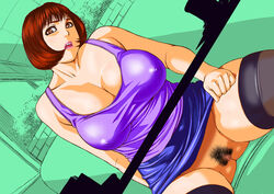 1girls big_breasts breasts brown_hair busty censored female hair large_breasts mama_hole milf no_panties pubic_hair pull_top pussy red_hair short_hair skirt taut_shirt thighhighs