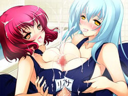 2_on_1 2girls :p artist_request bent_over big_breasts blue_hair blush breast_grab breast_press breasts censored climax cum cum_explosion cum_in_mouth cum_on_body cum_on_breasts cum_on_clothes cum_on_face cum_on_hair cum_on_upper_body cum_string cum_trail cumshot double_paizuri ejaculation ejaculation_between_breasts facial female game_cg group_sex happy happy_sex huge_breasts huge_cock large_breasts long_hair male multiple_females open_mouth orange_eyes orgasm paizuri penis pink_hair sex short_hair straight surprised swimsuit symmetrical_docking tongue