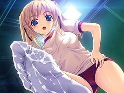 blonde_hair blue_eyes blush buruma cameltoe cum cum_on_body cum_on_clothes cum_on_feet cum_on_lower_body cum_on_socks feet footwear gym_uniform hair_ribbon hand_on_hip hips nishizono_aika open_mouth pov pov_feet sister_x_sister_~lovevery_sisters~ socks soles tied_hair toma_(asagayatei) twintails