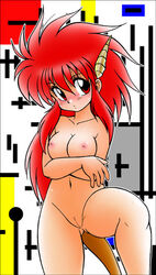 1girls big_breasts blush breasts busty cleavage dragon_girl dragon_half horns kokera long_hair lowres mink_(dragon_half) navel nipples nude nudity pussy raised_leg red_eyes red_hair solo tail uncensored underass vagina vulva