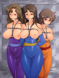 2010 3girls ai_kisugi arms_behind_back bb blush bodysuit bondage breasts breasts_out brown_eyes brown_hair cameltoe captured cat's_eye catsuit cleave_gag curvaceous exposed_breasts female femsub gag hitomi_kisugi human large_breasts leotard light-skinned_female light_skin long_hair looking_at_viewer multiple_girls multiple_subs nightmare_express nipples rope rui_kisugi sash shibari shounen_jump sisters skin_tight source_request standing tears thick_thighs topless trio wide_hips