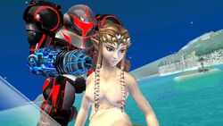 2girls 3d armored_samus beach blonde_hair blue_eyes breasts female female_only gun isle_delfino long_hair metroid nintendo nude nude_filter ponytail princess_zelda pussy samus_aran straight_hair super_smash_bros. super_smash_bros._brawl the_legend_of_zelda tied_hair twilight_princess uncensored varia_suit varia_suit_helmet weapon zelda_(twilight_princess)