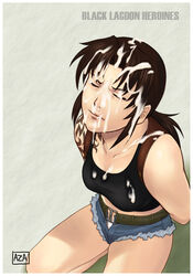 1girls arms_behind_back azasuke belt black_lagoon breasts brown_hair closed_eyes cum cum_bubble cum_on_body cum_on_breasts cum_on_clothes cum_on_hair cum_on_upper_body daisy_dukes denim denim_shorts facial female highres holster kneeling long_hair panties ponytail revy short_shorts shorts solo tank_top tattoo tied_hair underwear white_panties