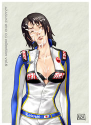 1girls azasuke black_hair bodysuit bra breasts cleavage closed_eyes cum cum_on_body cum_on_breasts cum_on_clothes cum_on_hair cum_on_upper_body facial female highres lingerie r:racing_evolution racing_suit rena_hayami short_hair solo underwear